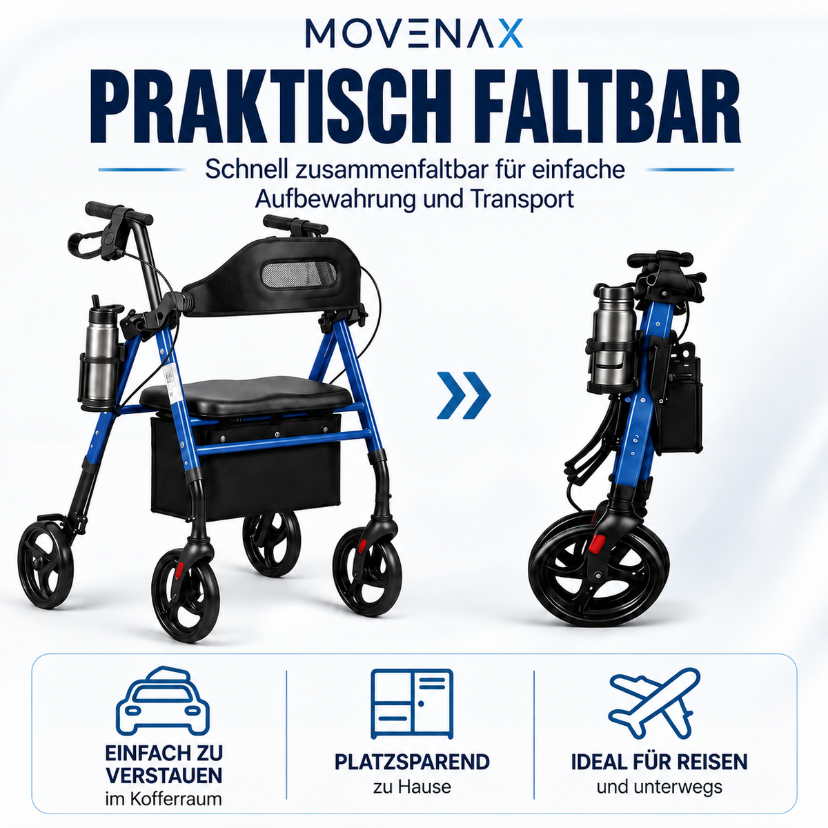 MOVENAX Faltbarer Rollator für drinnen & draußen
