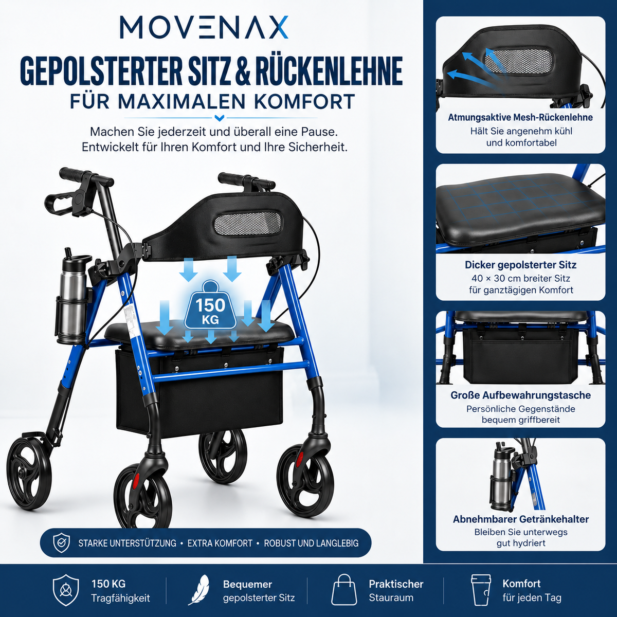 MOVENAX Faltbarer Rollator für drinnen & draußen